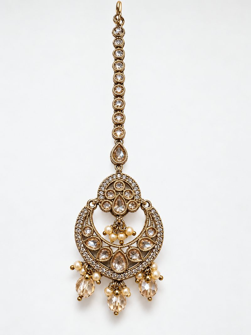 Antique gold chandbali maang tikka with pearl drops