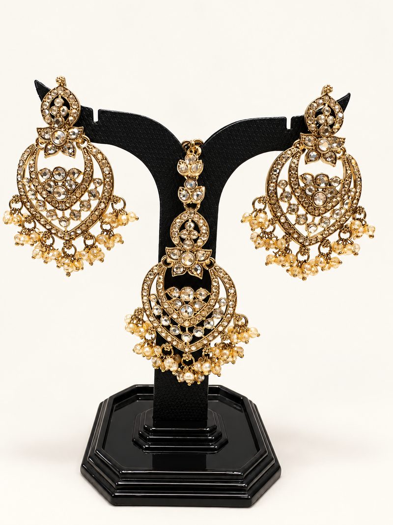 Champagne antique gold chandbali earring and maang tikka set