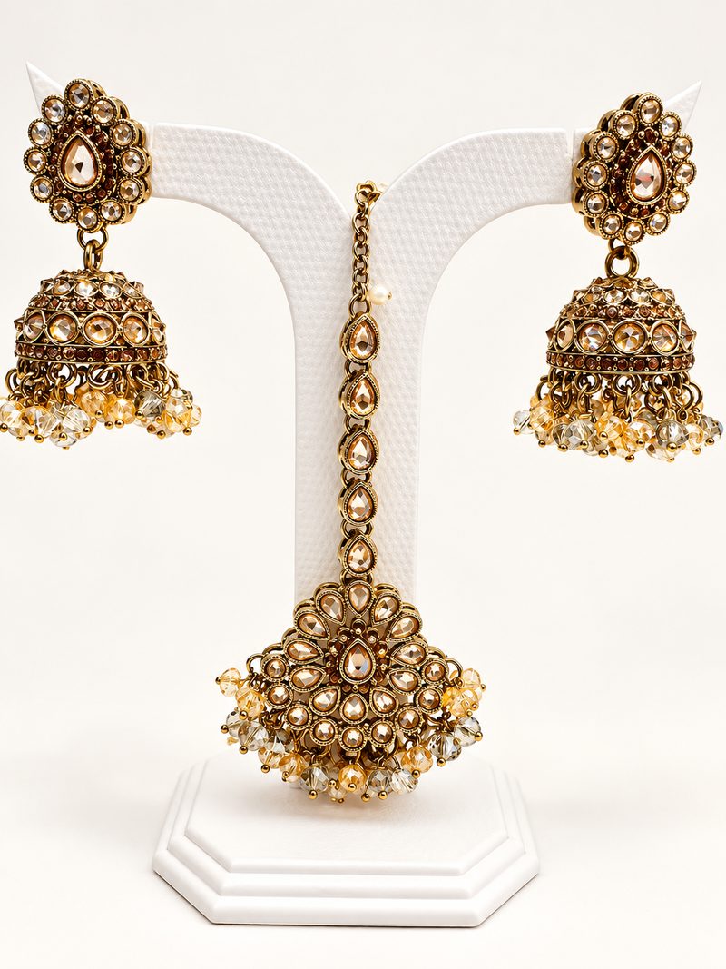Champagne antique gold jhumka earring and maang tikka set