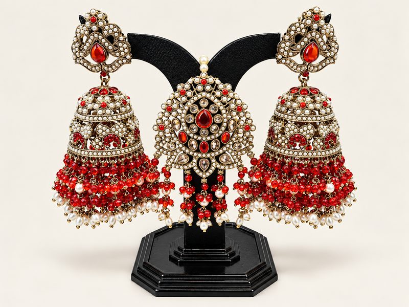 Red antique gold jhumka earring and maang tikka set