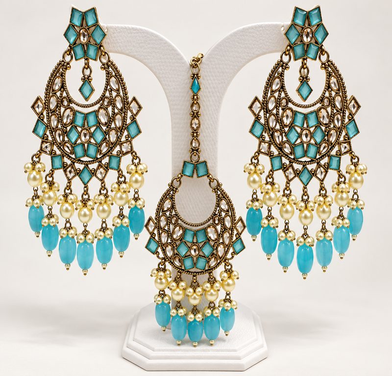 Turquoise antique gold chandbali earring and maang tikka set
